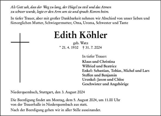 Traueranzeige von Edith Köhler von Wetzlarer Neue Zeitung
