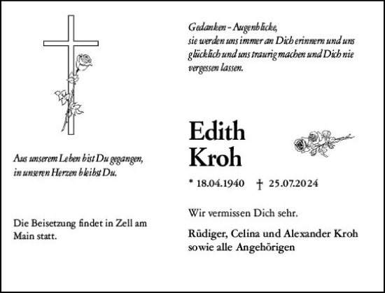 Traueranzeige von Edith Kroh von Hinterländer Anzeiger