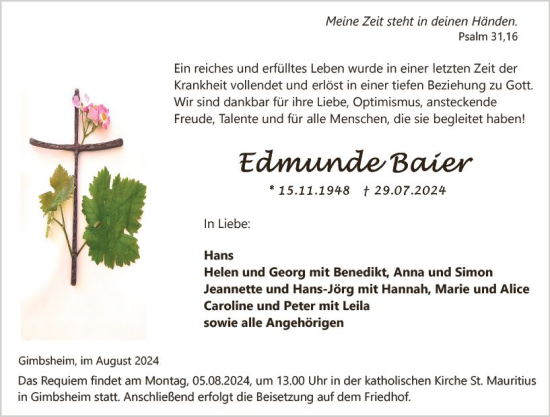 Traueranzeige von Edmunde Baier von Wormser Zeitung