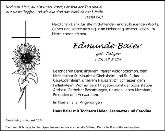 Traueranzeige von Edmunde Baier von Wormser Zeitung