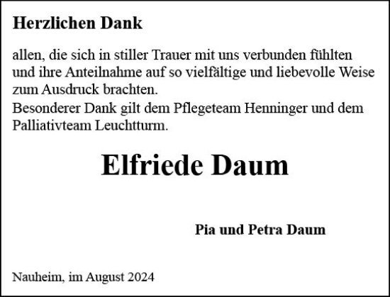 Traueranzeige von Elfriede Daum von Groß-Gerauer Echo