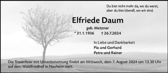 Traueranzeige von Elfriede Daum von Groß-Gerauer Echo