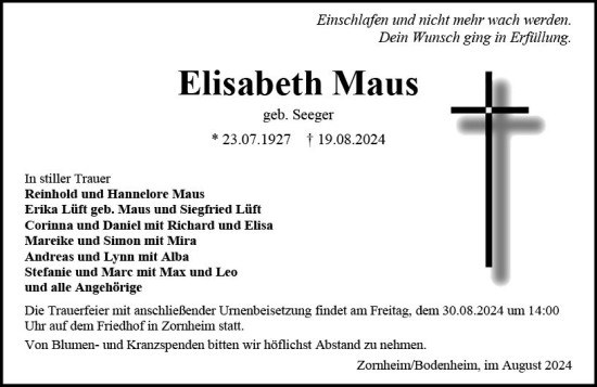 Traueranzeige von Elisabeth Maus von Allgemeine Zeitung Mainz