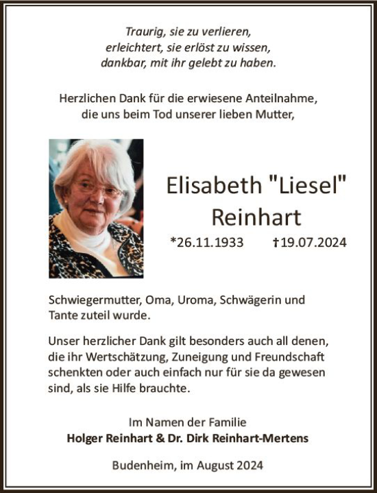 Traueranzeige von Elisabeth Reinhart von Allgemeine Zeitung Rheinhessen-Nahe