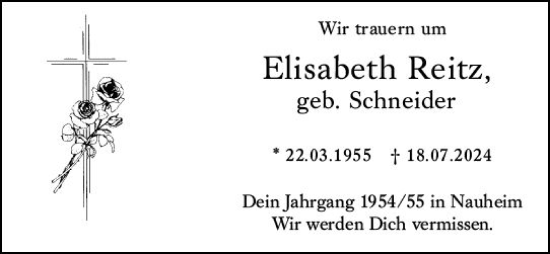Traueranzeige von Elisabeth Reitz von Rüsselsheimer Echo