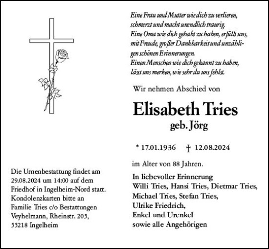 Traueranzeige von Elisabeth Tries von Allgemeine Zeitung Rheinhessen-Nahe