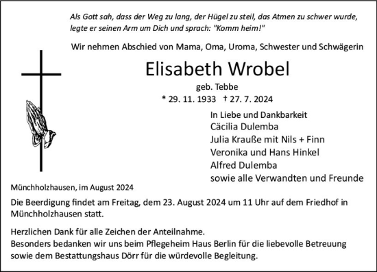 Traueranzeige von Elisabeth Wrobel von Wetzlarer Neue Zeitung