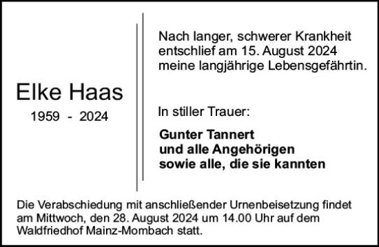 Traueranzeige von Elke Haas von Allgemeine Zeitung Mainz