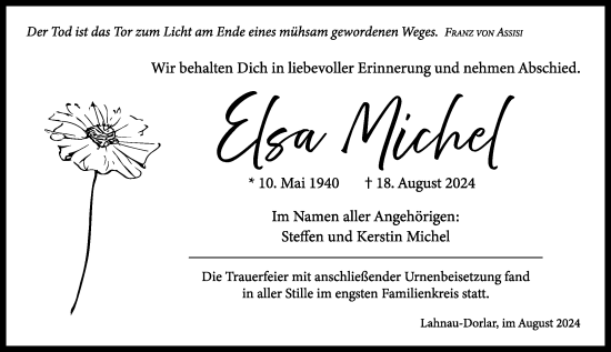 Traueranzeige von Elsa Michel von Wetzlarer Neue Zeitung