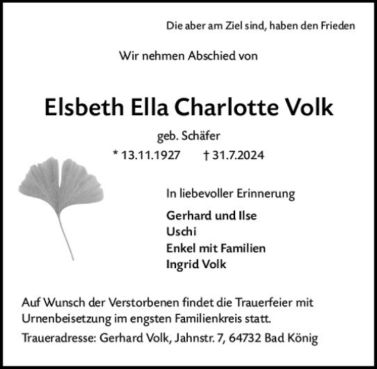Traueranzeige von Elsbeth Ella Charlotte Volk von Odenwälder Echo