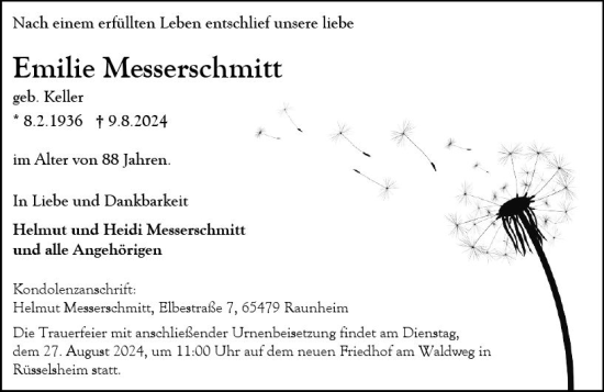 Traueranzeige von Emilie Messerschmitt von Rüsselsheimer Echo