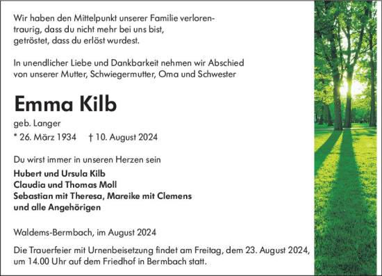 Traueranzeige von Emma Kilb von Camberger Anzeiger