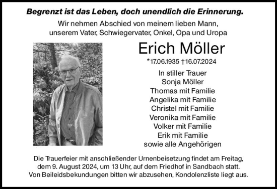 Traueranzeige von Erich Möller von Odenwälder Echo