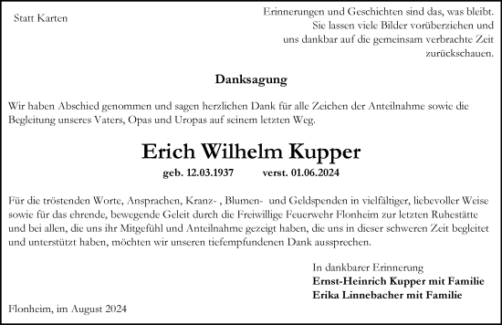 Traueranzeige von Erich Wilhelm Kupper von Allgemeine Zeitung Alzey