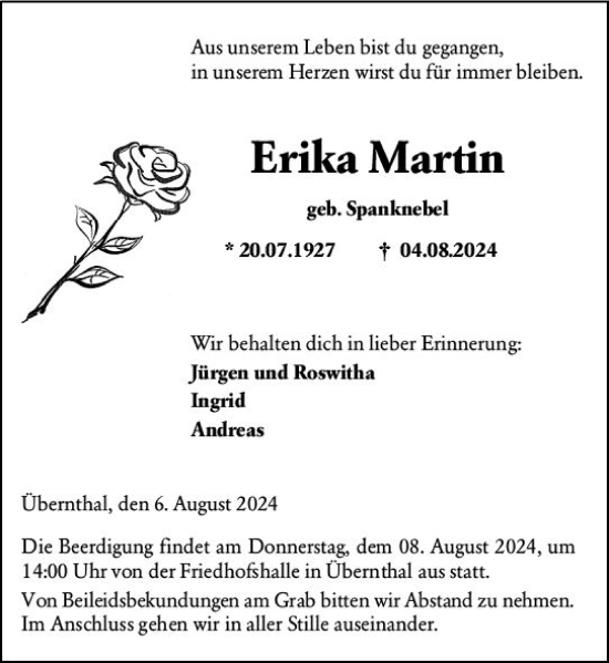 Traueranzeige von Erika Martin von Dill Block