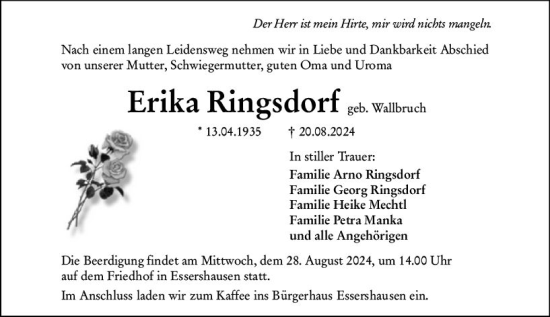 Traueranzeige von Erika Ringsdorf von Weilburger Tageblatt
