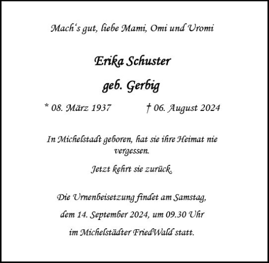 Traueranzeige von Erika Schuster von Odenwälder Echo