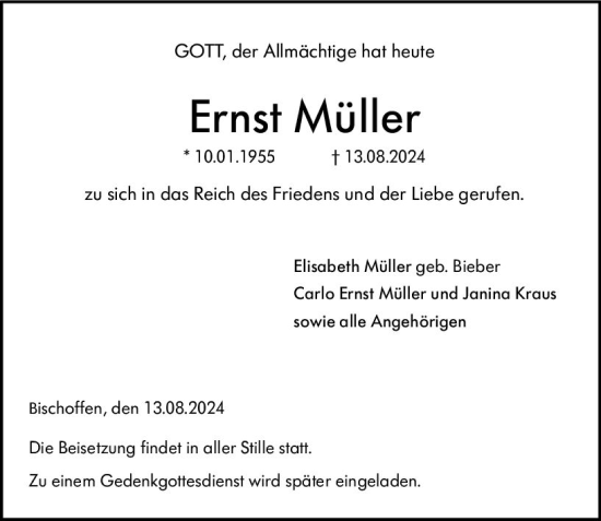 Traueranzeige von Ernst Müller von Dill Block