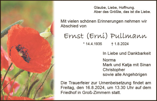 Traueranzeige von Ernst Pullmann von Darmstädter Echo