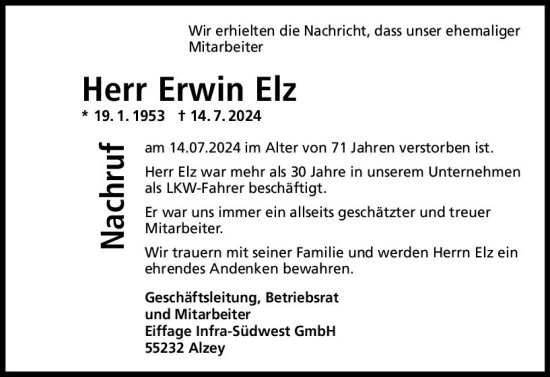 Traueranzeige von Erwin Elz von Allgemeine Zeitung Alzey