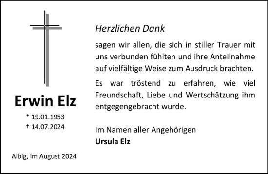 Traueranzeige von Erwin Elz von Allgemeine Zeitung Alzey