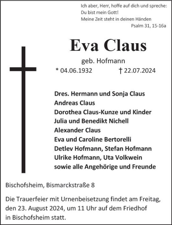Traueranzeige von Eva Claus von Rüsselsheimer Echo
