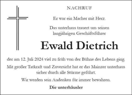 Traueranzeige von Ewald Dietrich von Allgemeine Zeitung Mainz