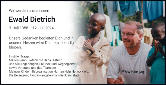 Traueranzeige von Ewald Dietrich von Allgemeine Zeitung Rheinhessen-Nahe