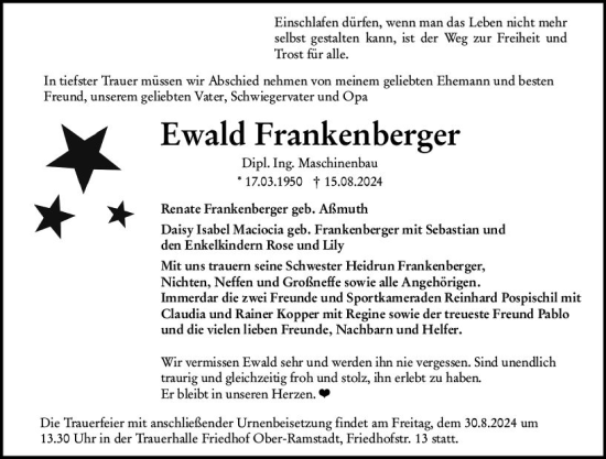 Traueranzeige von Ewald Frankenberger von Darmstädter Echo