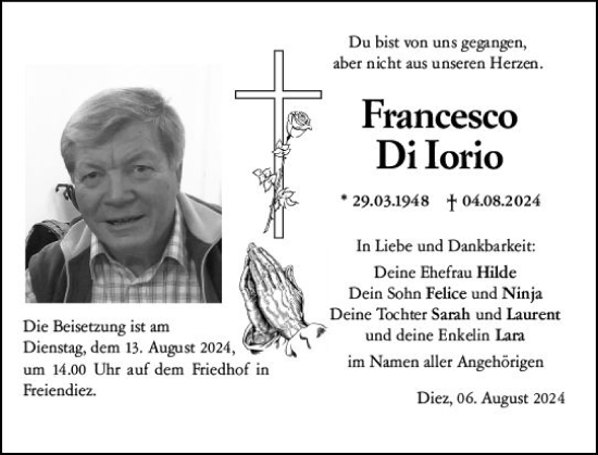 Traueranzeige von Francesco Di Iorio von Weilburger Tageblatt