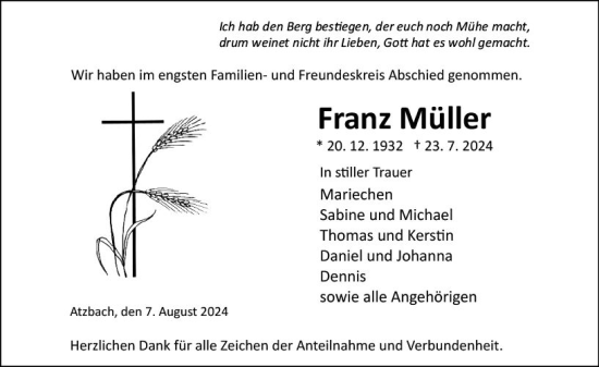 Traueranzeige von Franz Müller von Wetzlarer Neue Zeitung