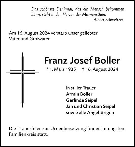 Traueranzeige von Franz Josef Boller von Dieburger Anzeiger/Groß-Zimmerner Lokal-Anzeiger
