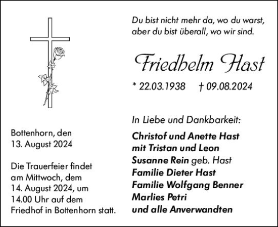Traueranzeige von Friedhelm Hast von Hinterländer Anzeiger