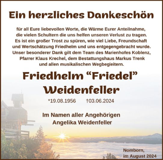 Traueranzeige von Friedhelm Weidenfeller von Nassauische Neue Presse