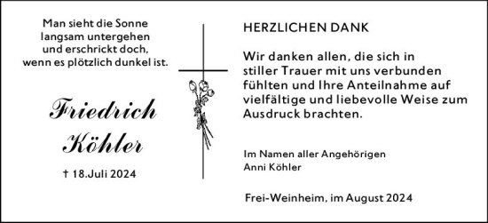 Traueranzeige von Friedrich Köhler von Allgemeine Zeitung Rheinhessen-Nahe