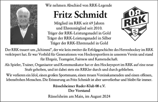 Traueranzeige von Fritz Schmidt von Rüsselsheimer Echo