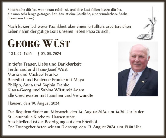 Traueranzeige von Georg Wüst von Weilburger Tageblatt