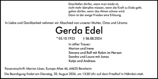 Traueranzeige von Gerda Edel von Darmstädter Echo