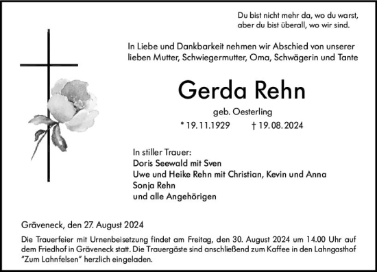 Traueranzeige von Gerda Rehn von Weilburger Tageblatt