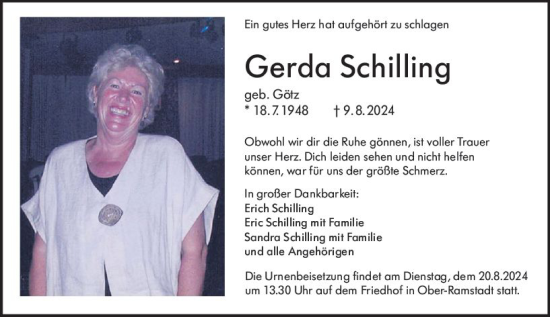 Traueranzeige von Gerda Schilling von Dieburger Anzeiger/Groß-Zimmerner Lokal-Anzeiger