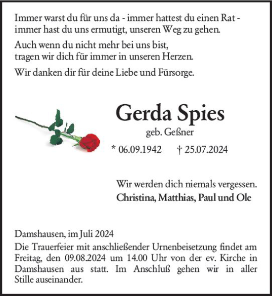 Traueranzeige von Gerda Spies von Hinterländer Anzeiger