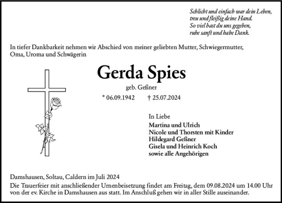 Traueranzeige von Gerda Spies von Hinterländer Anzeiger