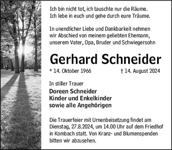Traueranzeige von Gerhard Schneider von Hinterländer Anzeiger
