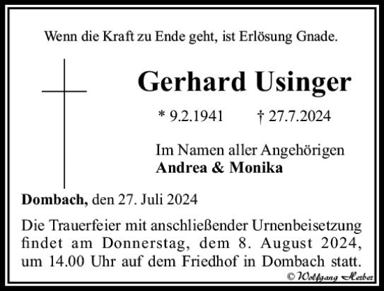 Traueranzeige von Gerhard Usinger von Camberger Anzeiger