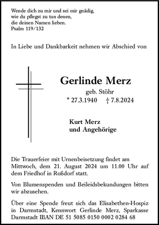 Traueranzeige von Gerlinde Merz von Darmstädter Echo