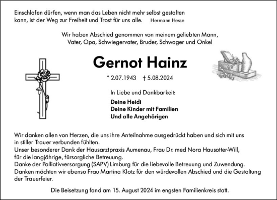 Traueranzeige von Gernot Hainz von Weilburger Tageblatt