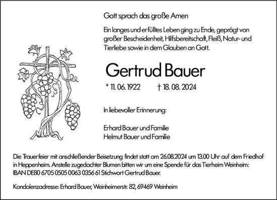 Traueranzeige von Gertrud Bauer von Starkenburger Echo