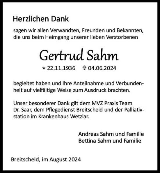 Traueranzeige von Gertrud Sahm von Dill Block