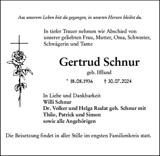 Traueranzeige von Gertrud Schnur von Odenwälder Echo