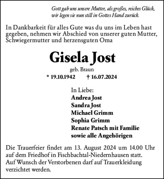 Traueranzeige von Gisela Jost von Darmstädter Echo